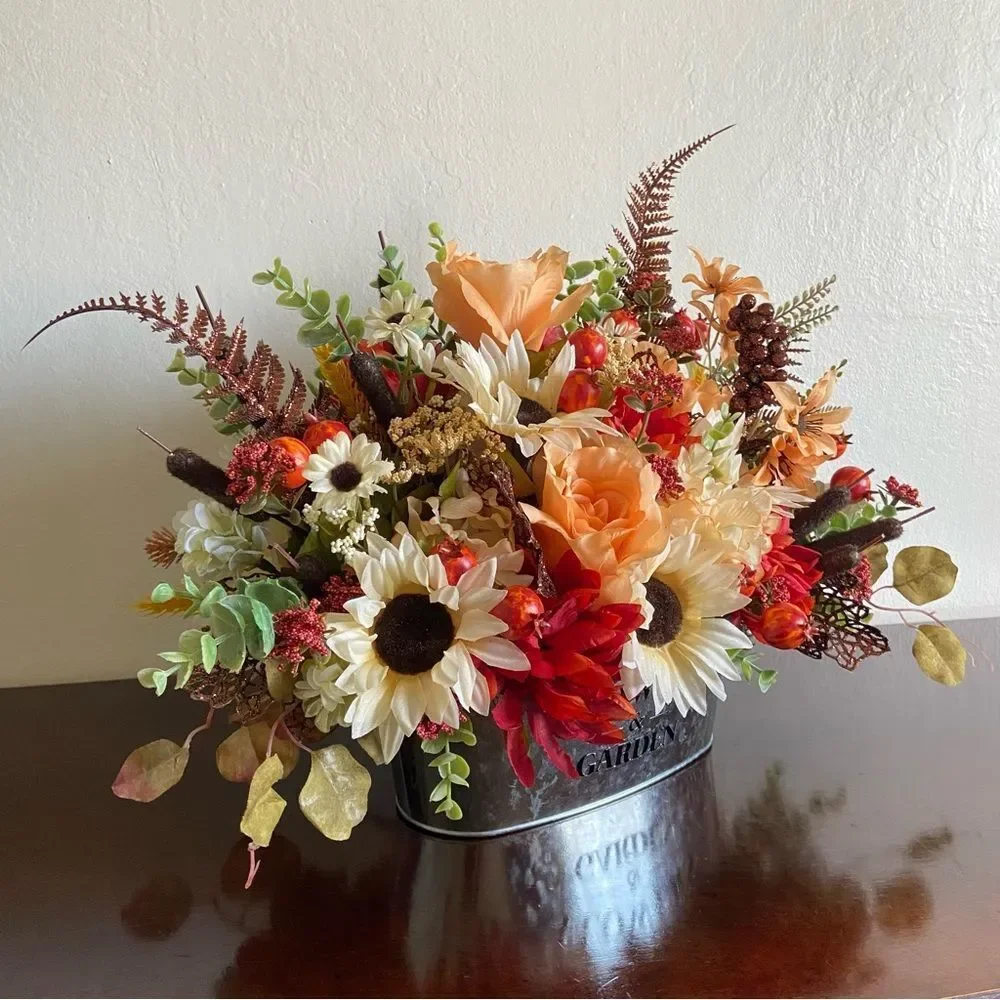Faux Floral Bouquet With Peach Roses/Cream Sunflowers